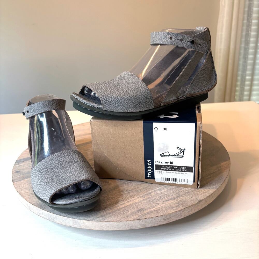 Trippen Iris Womens 38 Grey Leather Ankle Strap Sandals NIB Germany US Sz 7.5